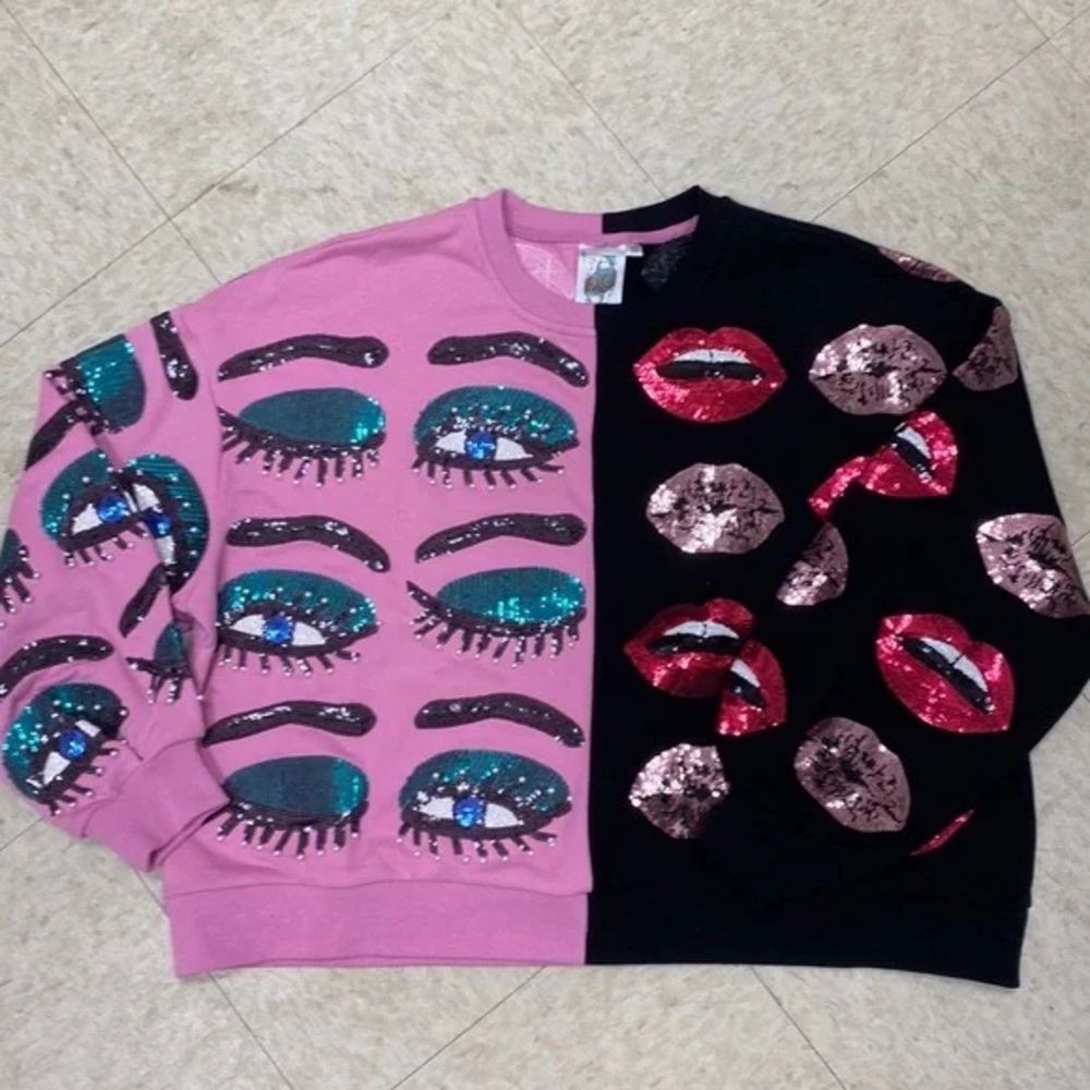 QUEEN OF SPARKLES Pink and Black Sequin Sweater